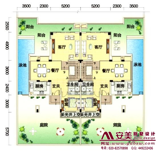 富力泉天下别墅建筑设计户型图-F2户型一层平面图